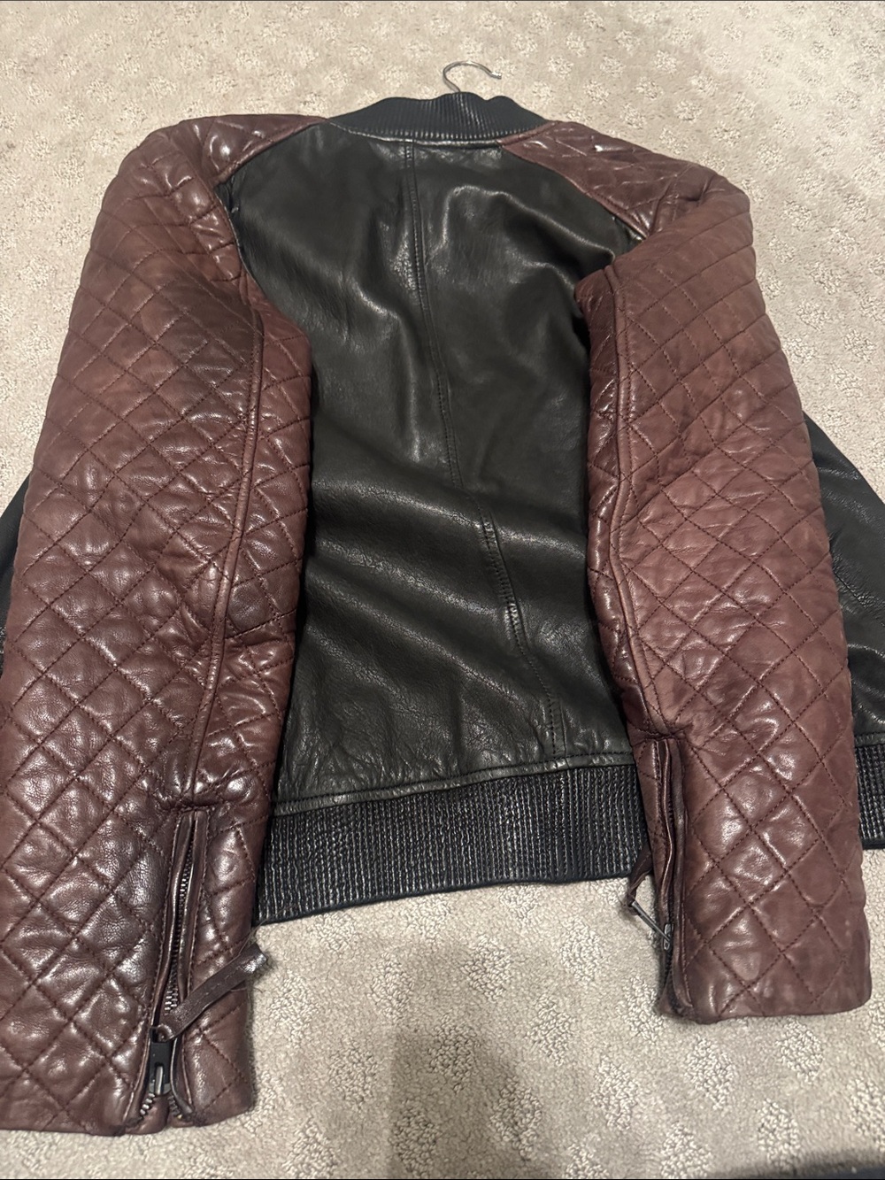 All Saints Two-Tone Quilted Sleeve Leather Bomber Jacket - Black & Brown - Picture 7 of 7